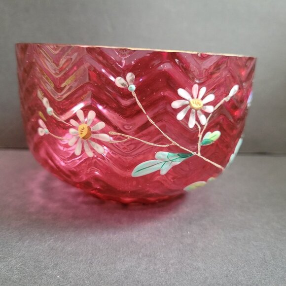Vintage Hand-Painted Cranberry Glass Bowl Handpainted Floral Design &Chevron Pat - Picture 1 of 13